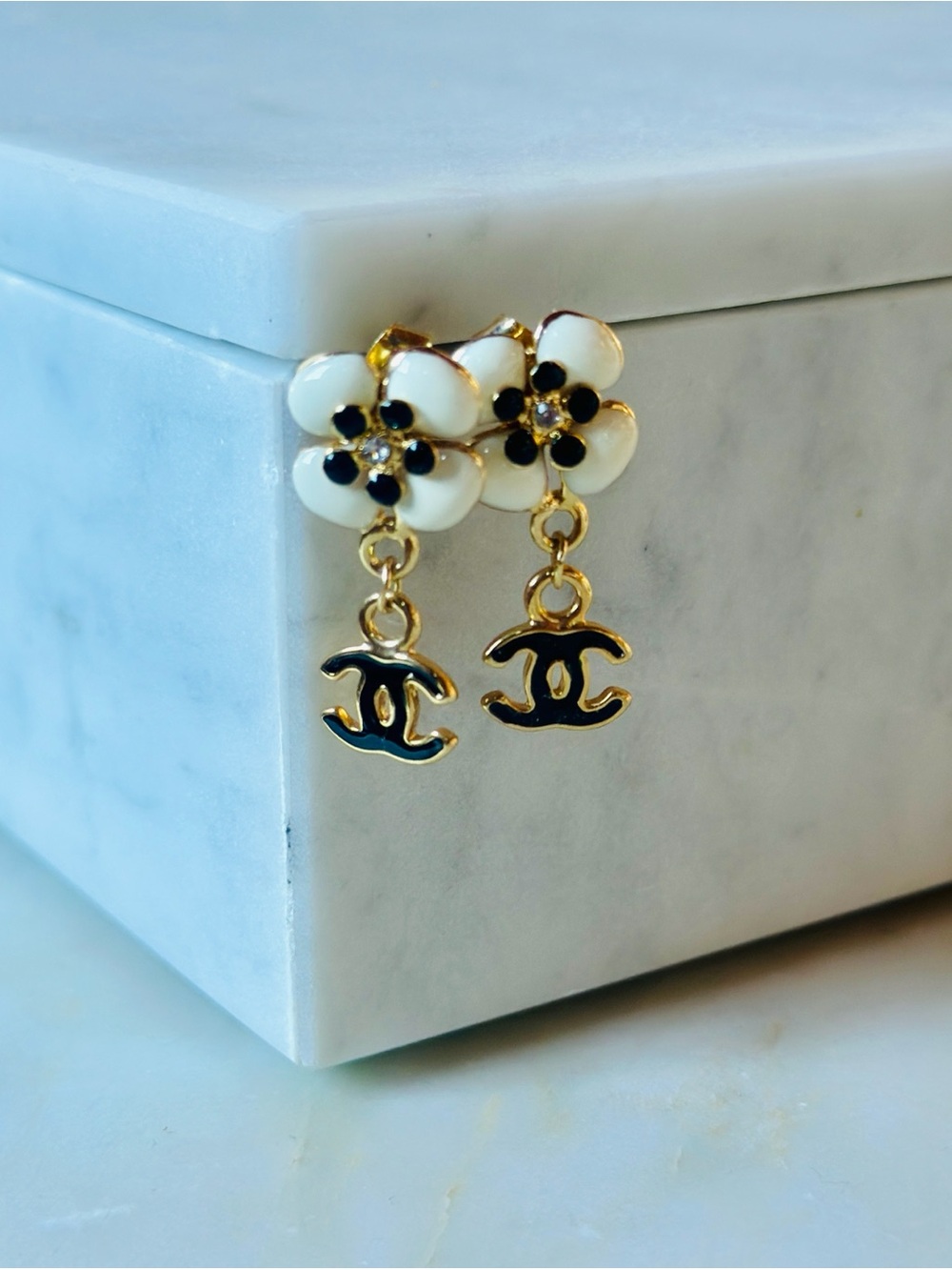 Camellia Drop Earrings with Interlocking Logo Charm - White & Black